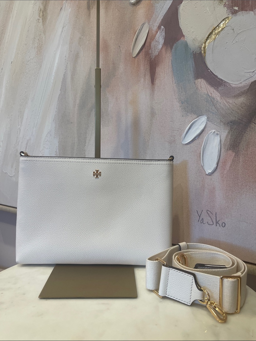 Tory Burch White Blake Leather Crossbody with Gold Logo